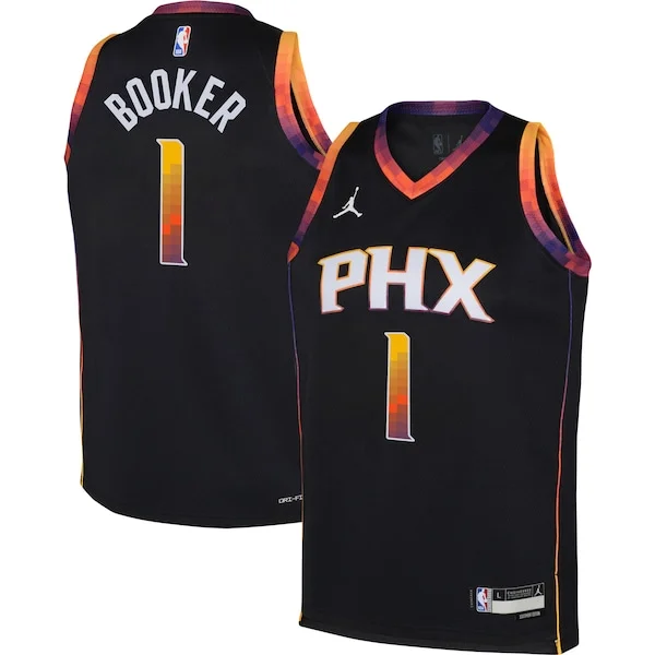 Accattivante Devin Booker Phoenix Suns Jordan Brand Youth Swingman Jersey Statement Edition Black per i devoti sostenitori