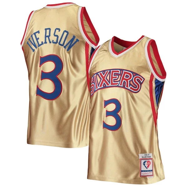Trendy Resistente Allen Iverson Philadelphia 76ers 75th Anniversary 1996/97 Hardwood Classics Swingman Jersey Gold per i devoti sostenitori