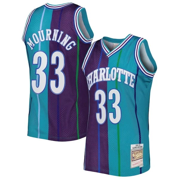 Magnifico Carino Pratico Alonzo Mourning Charlotte Hornets Hardwood Classics 1992/93 Split Swingman Jersey Teal/Purple per i devoti sostenitori