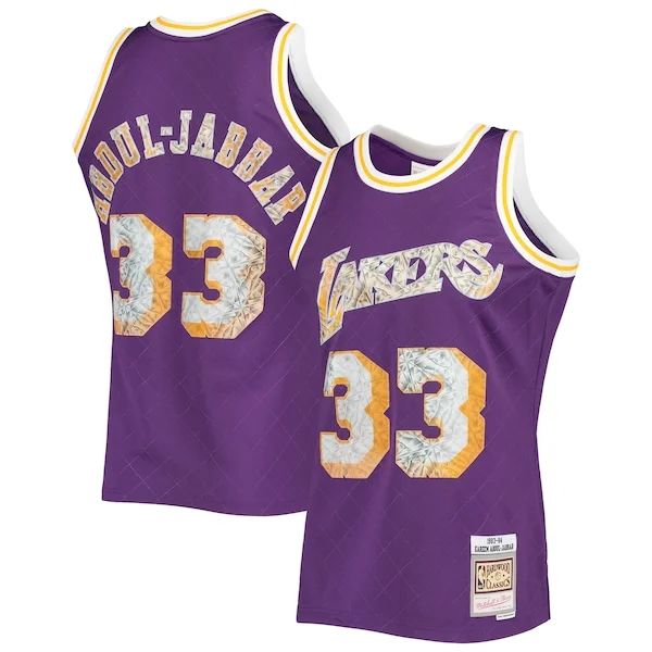 Gorgeous Elegante Bellissimo Kareem Abdul Jabbar Los Angeles Lakers 1996 97 Hardwood Classics NBA 75th Anniversary Diamond Swingman Jersey Purple per i devoti sostenitori
