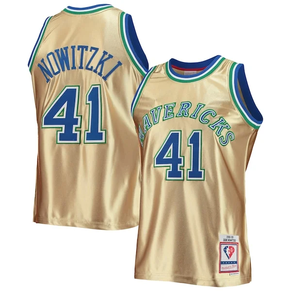Gorgeous Pratico Dirk Nowitzki Dallas Mavericks 75th Anniversary 1998/99 Hardwood Classics Swingman Jersey Gold per i devoti sostenitori