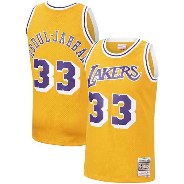 Splendido Kareem Abdul Jabbar Los Angeles Lakers Hardwood Classics Swingman Jersey Gold/Purple per i devoti sostenitori