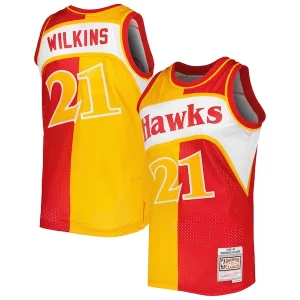 Fantastico Accattivante Dominique Wilkins Atlanta Hawks Hardwood Classics 1986/87 Split Swingman Jersey Yellow/Red per i devoti sostenitori