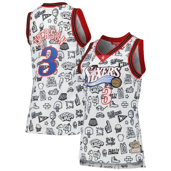 Delizioso Allen Iverson Philadelphia 76ers Women's 2000 Doodle Swingman Jersey White per i devoti sostenitori