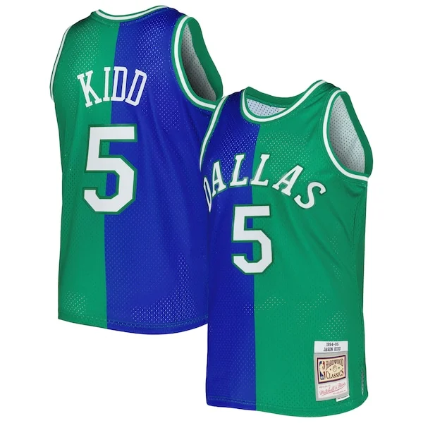 Eccezionale Prestigioso Jason Kidd Dallas Mavericks Hardwood Classics 1994/95 Split Swingman Jersey Blue/Green per i devoti sostenitori