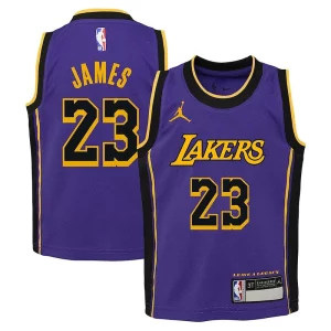 Pratico LeBron James Los Angeles Lakers Jordan Brand Preschool 2022/23 Dri FIT Replica Jersey Statement Edition Purple per i devoti sostenitori