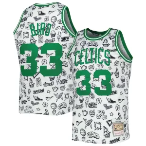 Bellissimo Larry Bird Boston Celtics 1985/86 Hardwood Classics Doodle Swingman Jersey White per i devoti sostenitori