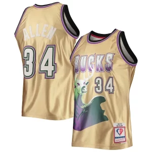 Meraviglioso Magnifico Ray Allen Milwaukee Bucks 75th Anniversary 1996/97 Hardwood Classics Swingman Jersey Gold per i devoti sostenitori