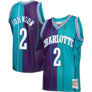 Bellissimo Larry Johnson Charlotte Hornets Hardwood Classics Split Swingman Jersey Teal/Purple per i devoti sostenitori