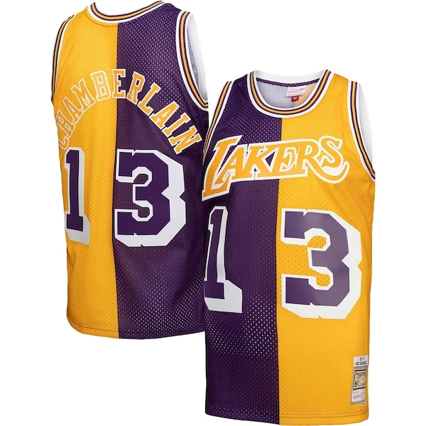 Cool Meraviglioso Wilt Chamberlain Los Angeles Lakers Hardwood Classics 1971/72 Split Swingman Jersey Purple/Gold per i devoti sostenitori